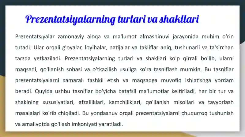 Prezentatsiyalarning turlari va shakllari 4