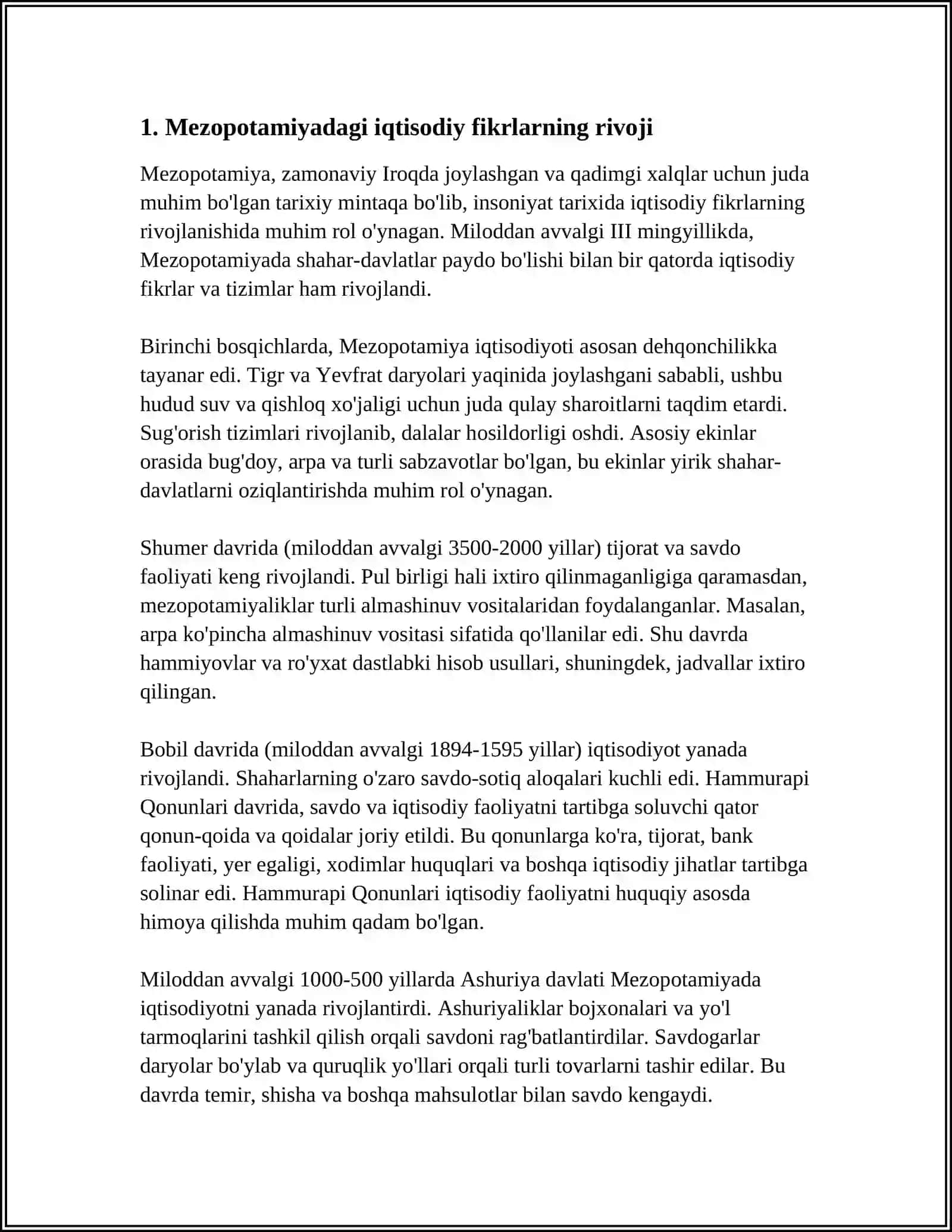 QADIMGI DUNYO IQTISODIY TAFAKKURI: MESOPOTAMIYA, MISR, YUNONISTON VA RIMDAGI IQTISODIY GʻOYALAR 4