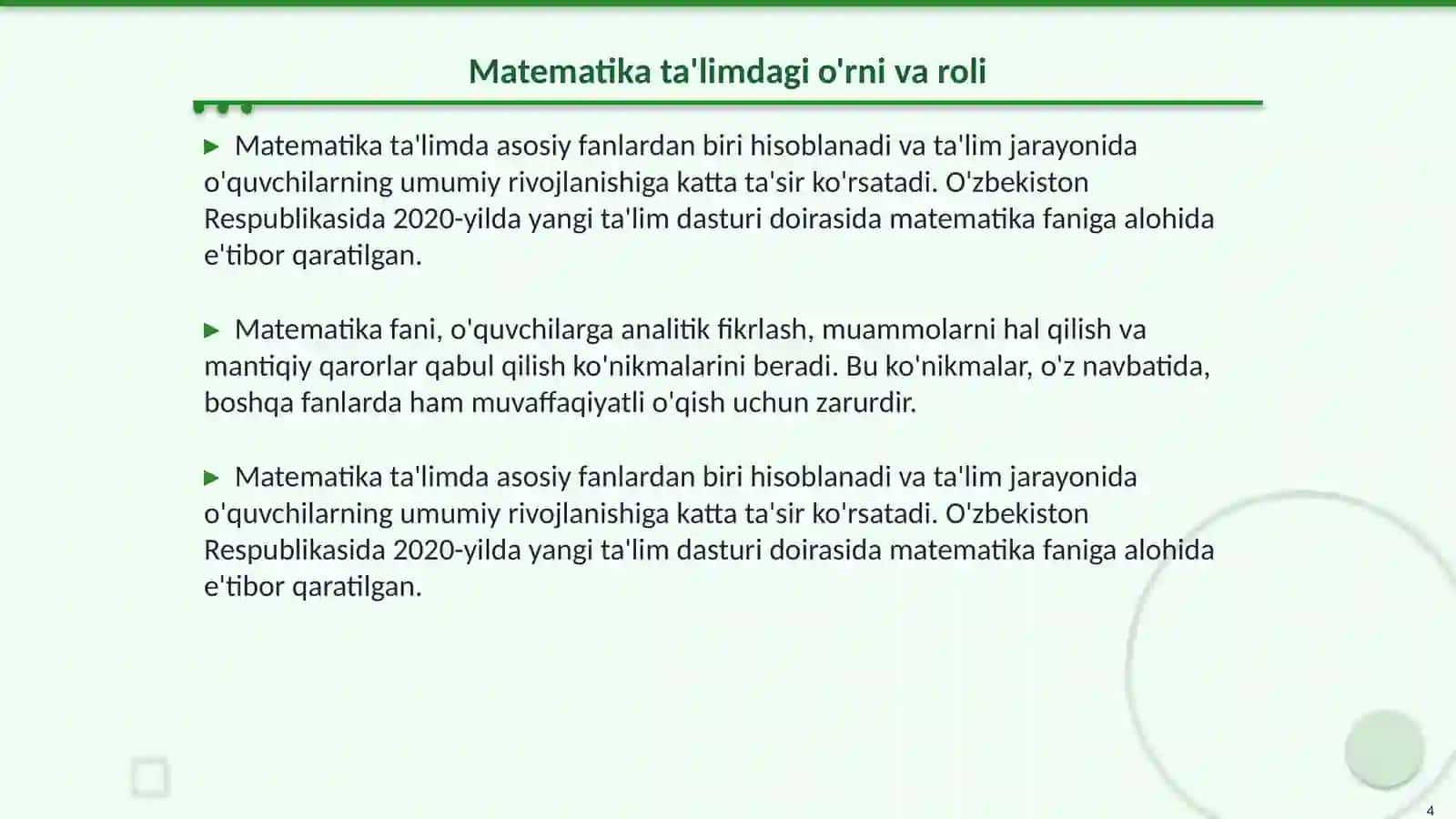 Matematika fanining boshlang‘ich bosqichdagi roli 4