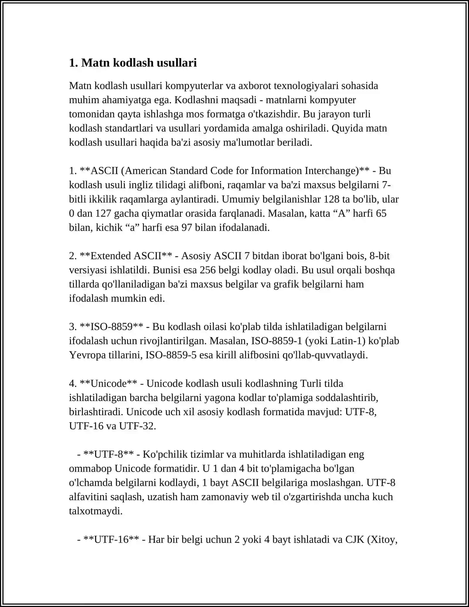 MATNLI AXBOROTLARNI KODLASH USULLARI 4