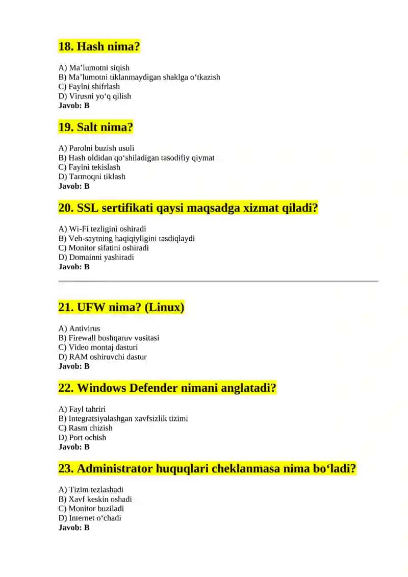 Kiberxavsizlik test savollari (javoblari) 4