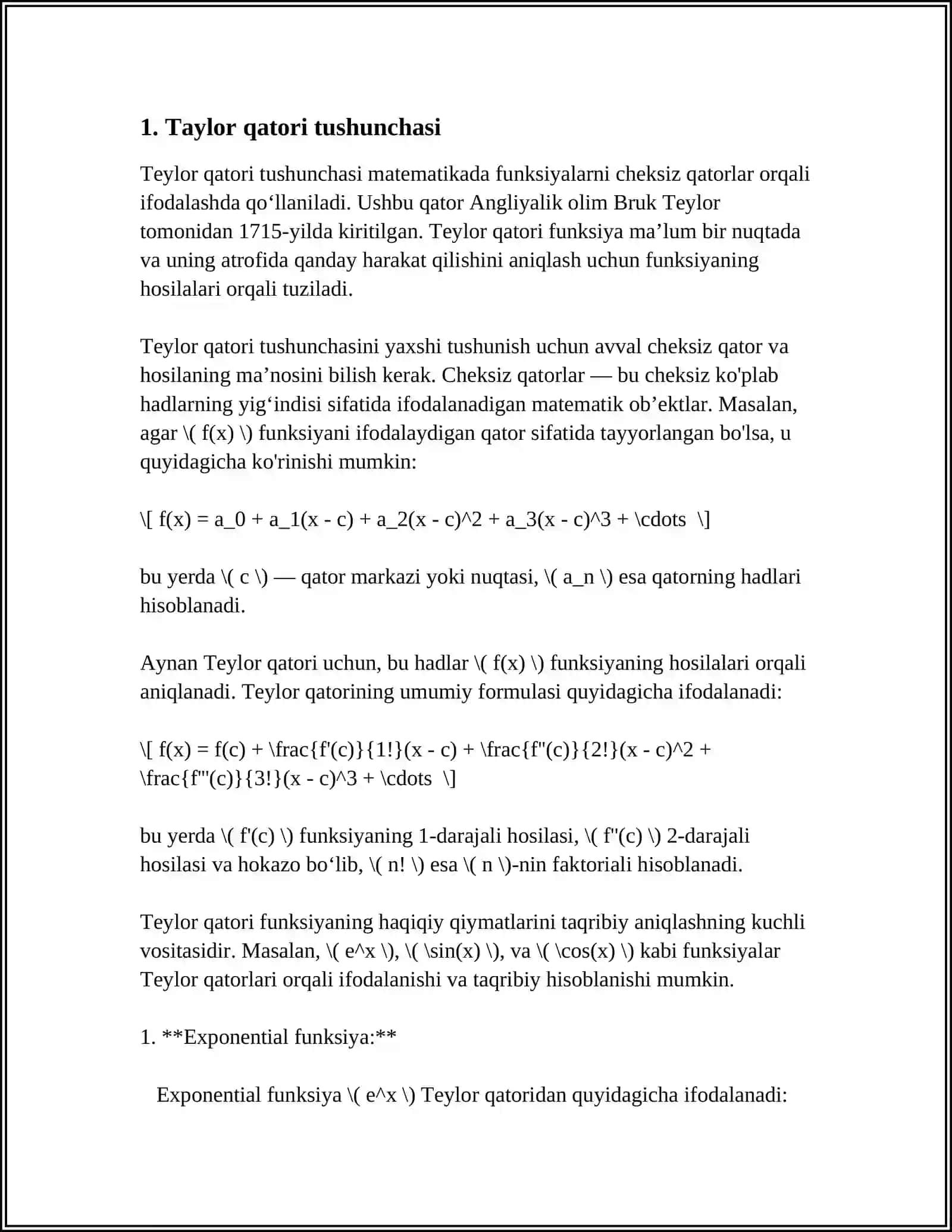 FUNKSIYALARNI TEYLOR VA MAKLORING QATORLARIGA MISOLLAR 4