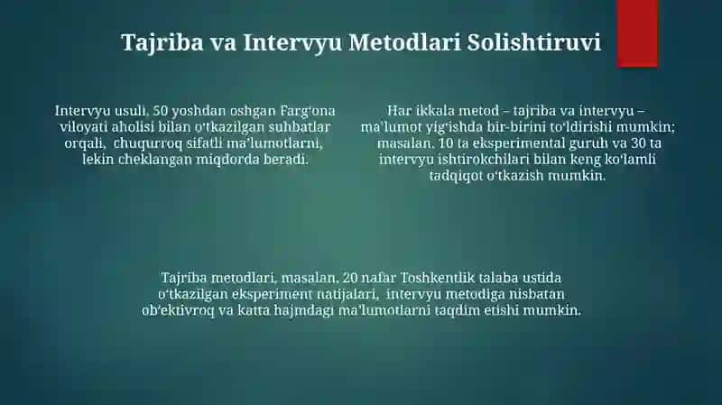 Tajriba va Suhbat Metodlari Solishtiruvi 4