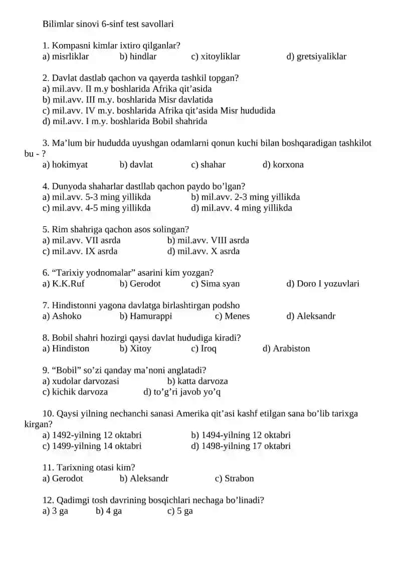 Bilimlar sinovi 7-sinf tarix test savollari 4