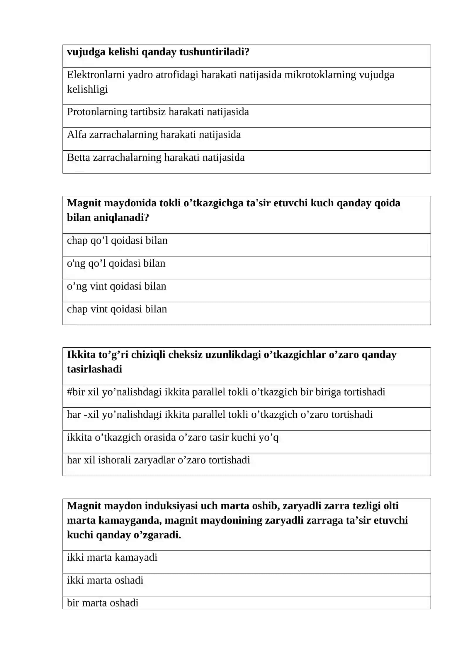 Fizika fani oraliq testlar 4