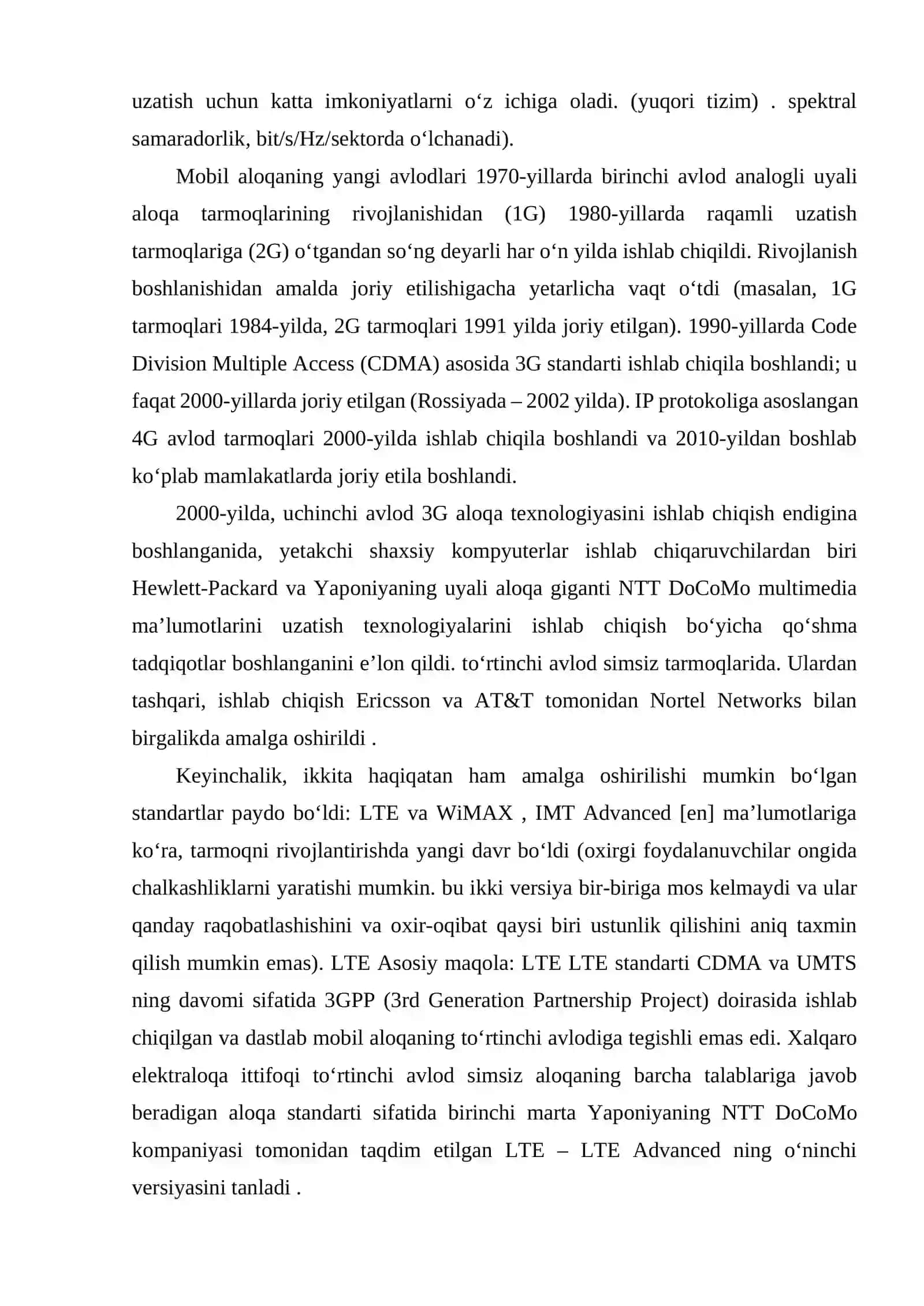 Mobil Tarmoqlar: 3G, 4G (WiMAX va LTE) va 5G Texnologiyalari 4