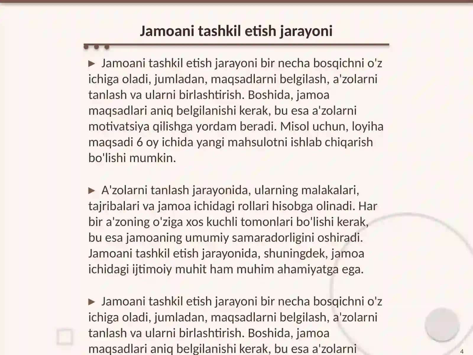 Jamoani tashkil etish metodikasi 4