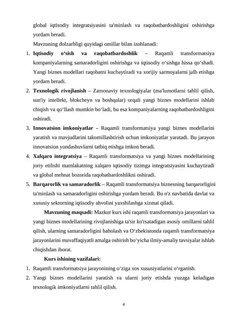 RAQAMLI TRANSFORMATSIYA VA BIZNES MODELLARINING RIVOJLANISHI 4