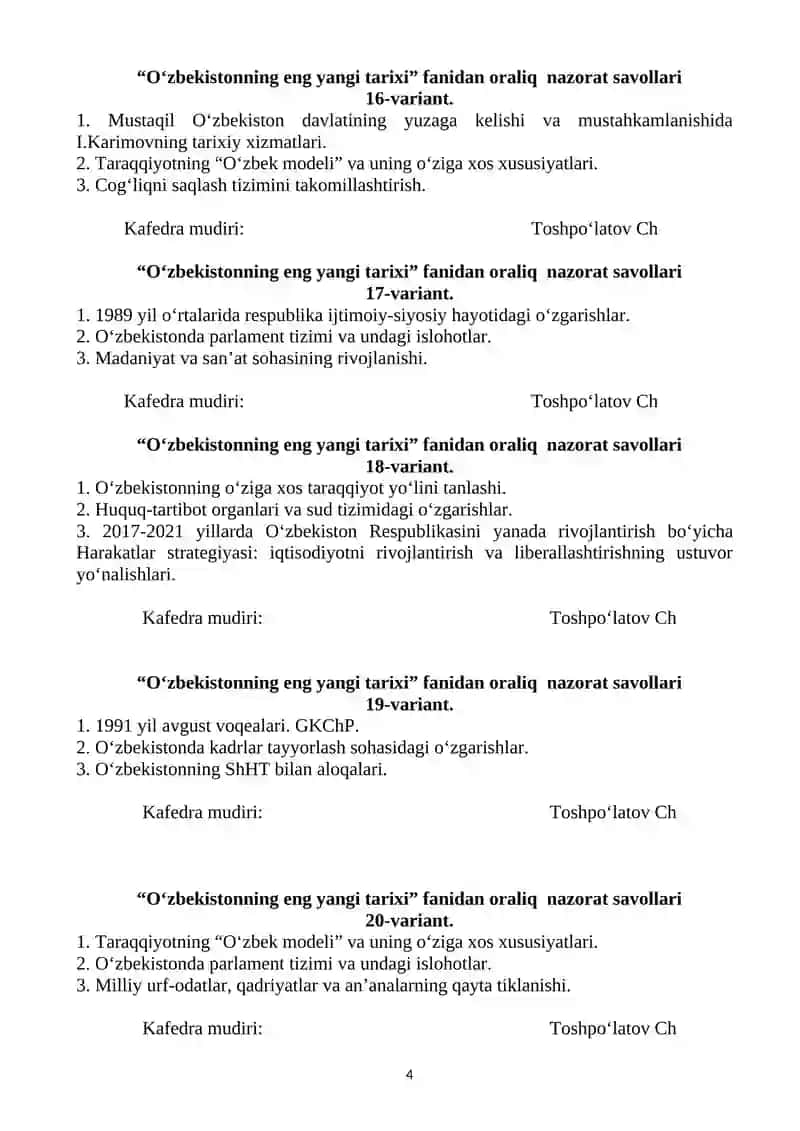 O‘zbekistonning eng yangi tarixi fanidan oraliq nazorat savollari 1-variant 4