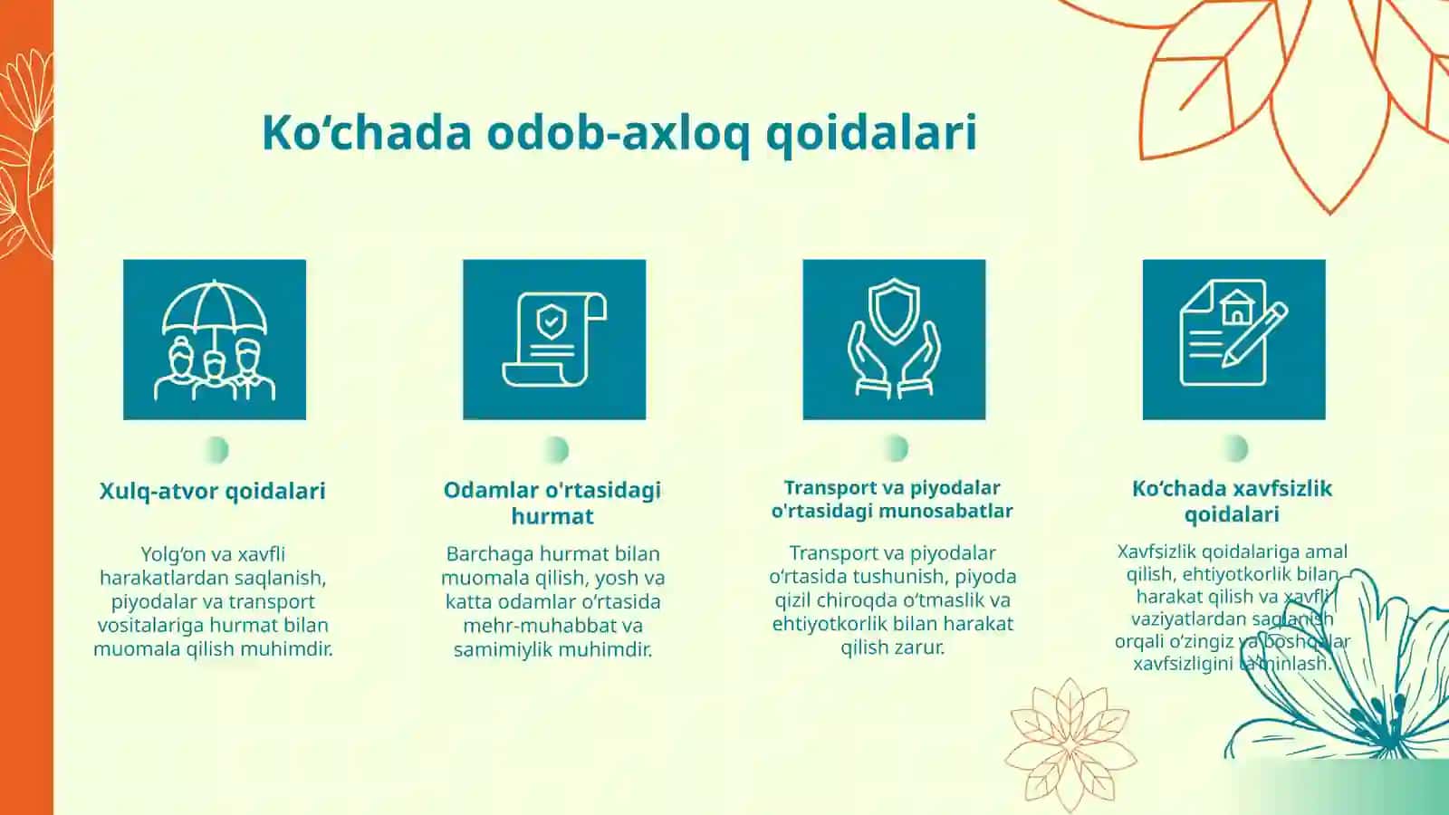 Kundalik odob-axloq qoidalari :Oilada kuchada va jamoat joylarida 4