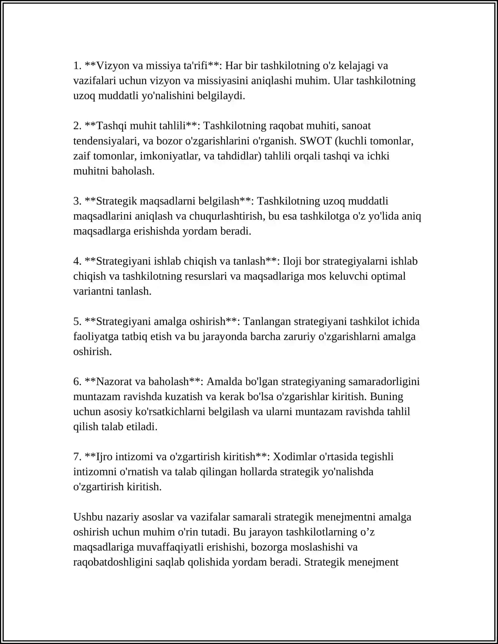 STRATEGIK MENEJMENT JARAYONLARI - STRATEGIYA ISHLAB CHIQISH VA AMALGA OSHIRISH 4