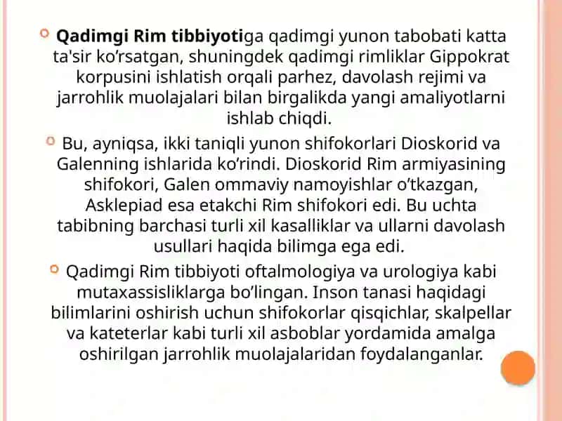 Rim va Gretsiyada davolashning qadimgi usullari. Antik davr tabiblari. 4