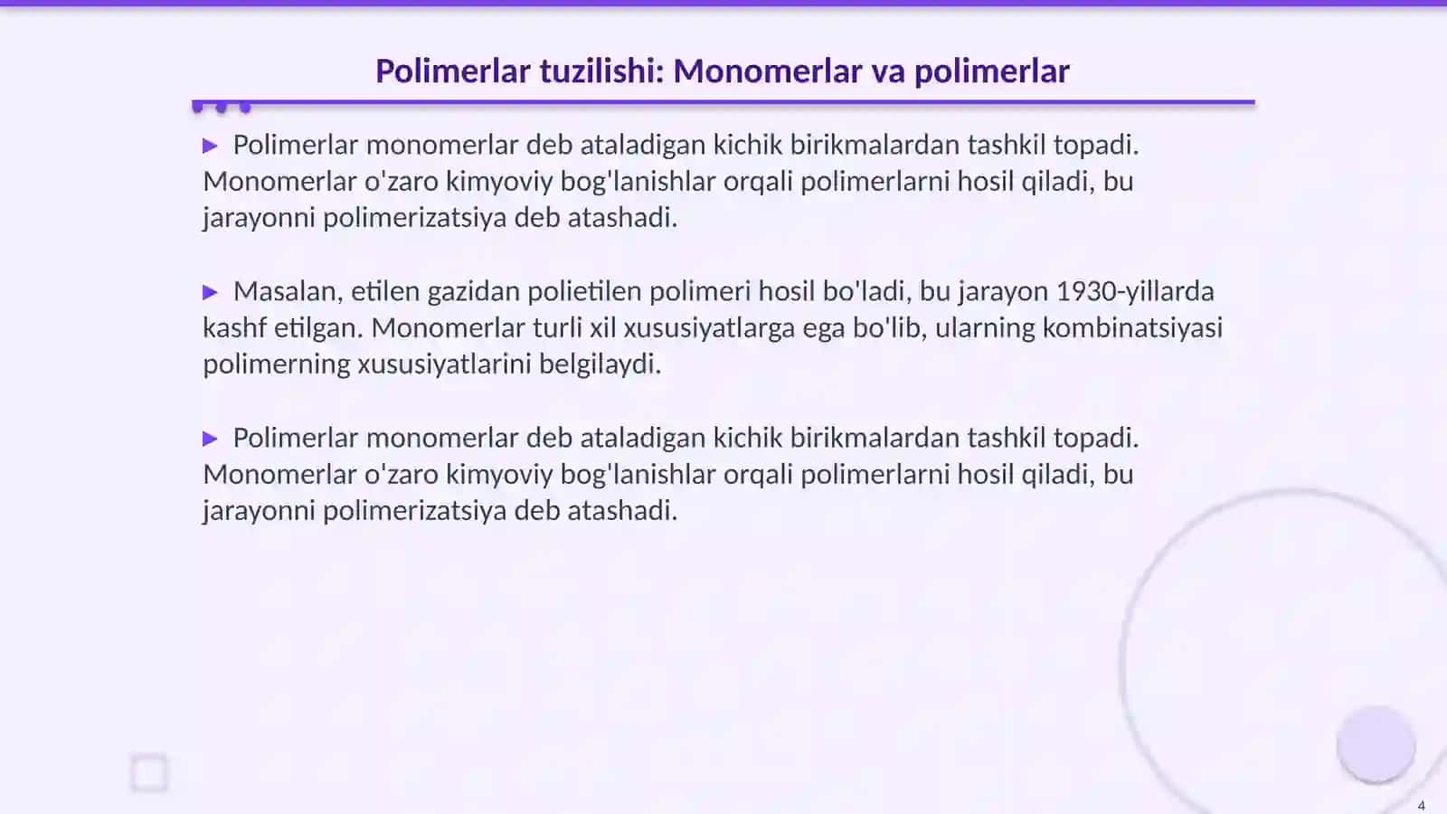 Polimerlar kimyosi fani. Polimer va ularning oʻziga xos-xususiyatlari 4