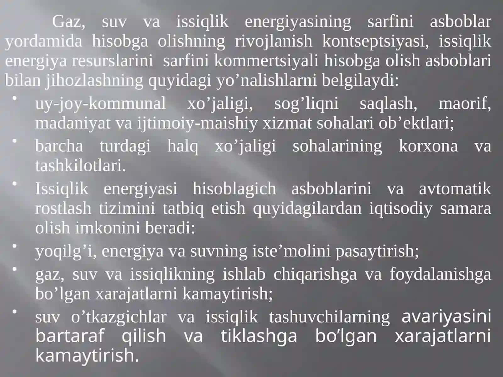 Energiya resurslarini iste’mol qilishni hisobga olish va rostlash 4
