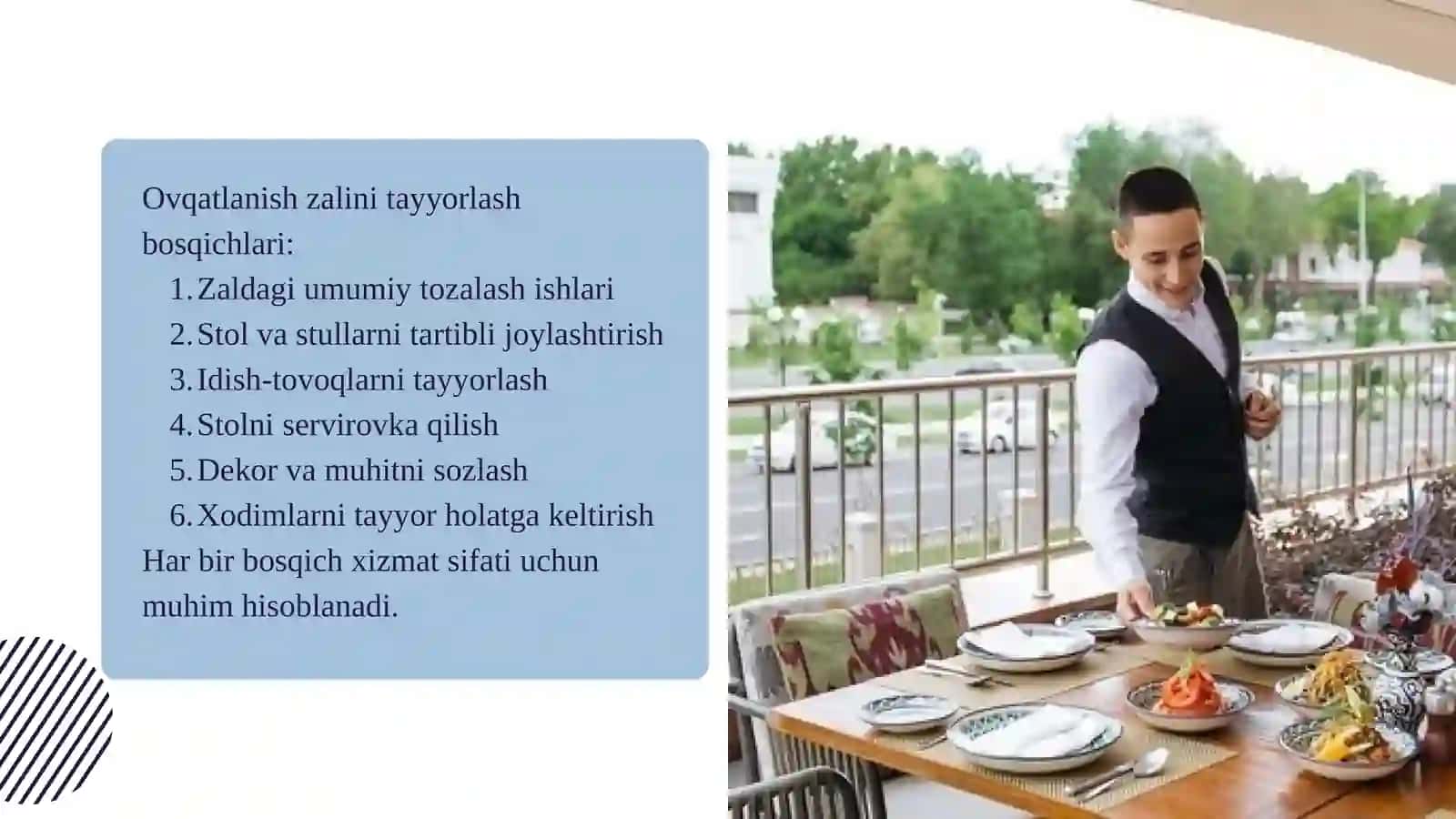 Restoranda ovqatlanish zalini tayyorlash bosqichlari 4
