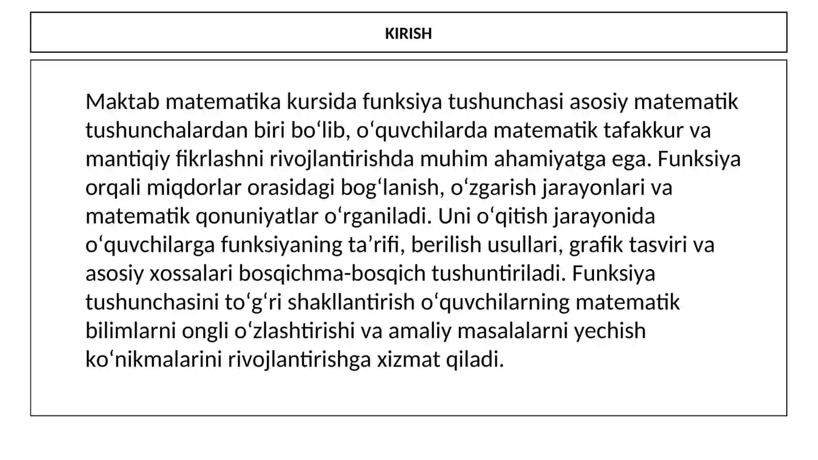 MAKTAB MATEMATIKA KURSIDA FUNKSIYA TUSHUNCHASINI KIRITISH VA O‘QITISH METODIKASI 4