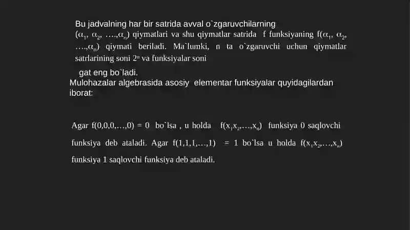 Mulohazalar algebrasi funksiyalari. Funksiyalar teng kuchliligi. Funksiyalar superpozitsiyasi 4
