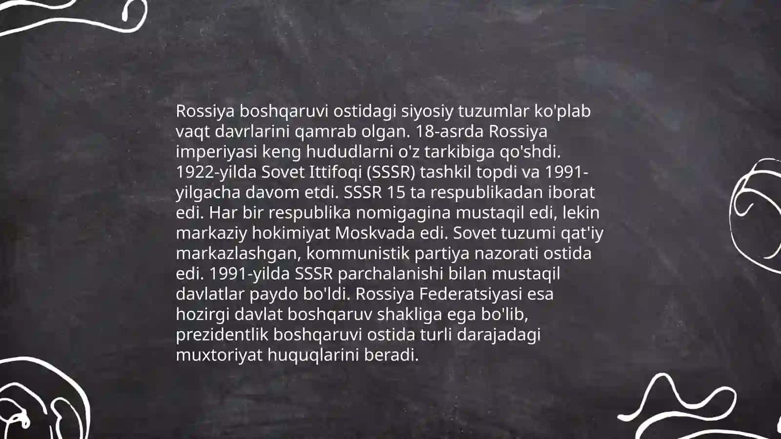 Rossiya imperiyasi va sovet hukmronligi davrida òlkadagi ijtimoiy-iqtisodiy siyosiy va ma'naviy jarayonlar 4