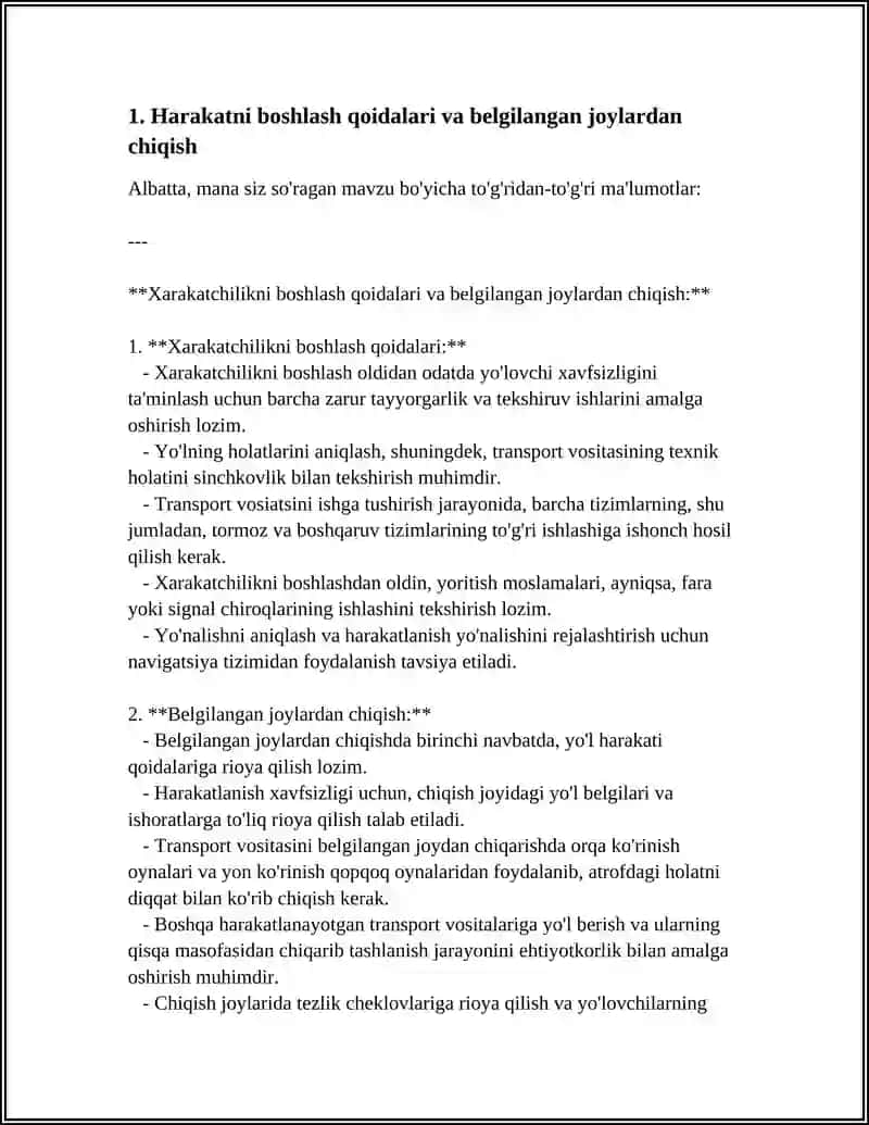 HARAKATLANISHNI BOSHLASH, MANYOVR QILISH VA YO‘LNING QATNOV QISMIDA TRANSPORT VOSITALARINING JOYLASHUVI 4