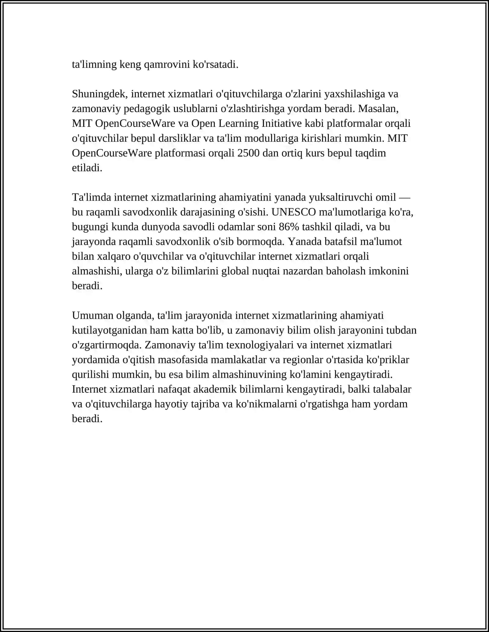 MUSTAQIL ISH Mavzu: TA’LIM JARAYONINI TASHKIL ETISHDA INTERNET XIZMATIDAN FOYDALANISH SVOD TAHLIL 4