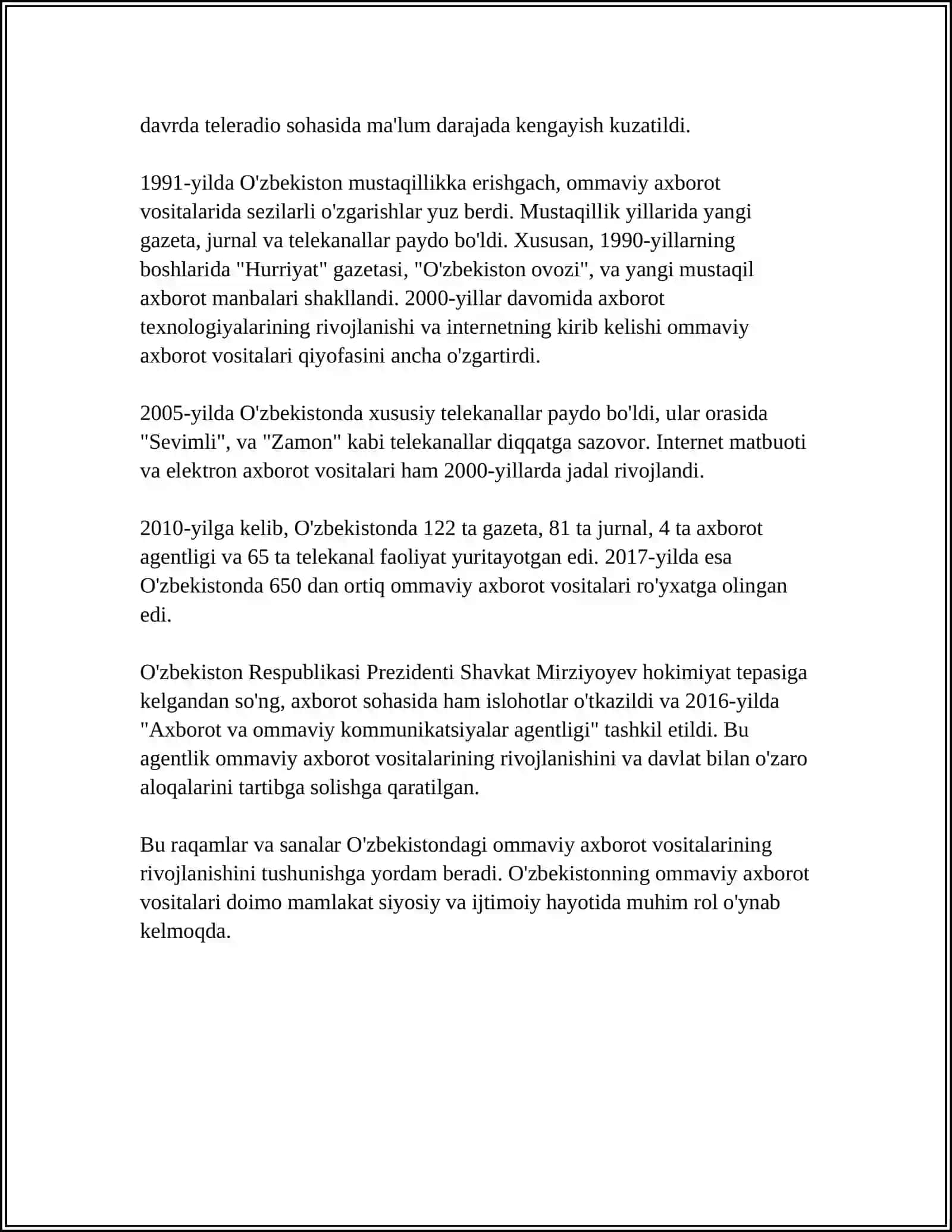 O'ZBEKISTON RESPUBLIKASIDA OMMAVIY AXBOROT VOSITALARINING FAOLIYATI 4