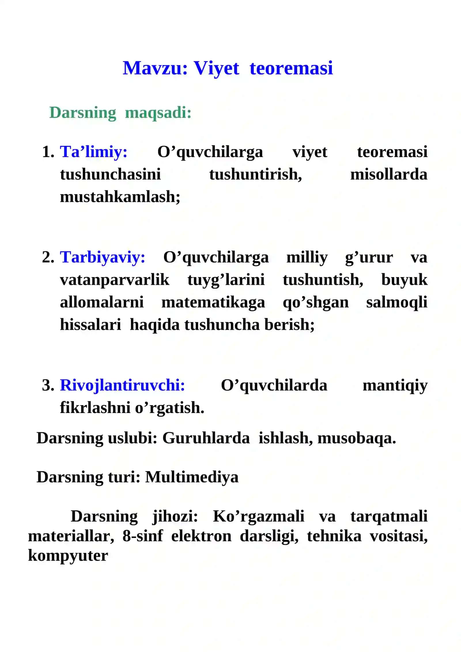 8-sinf Algebra fanidan Viyet teoremasi. Kvadrat uchhad ochiq dars ishlanmasi 4