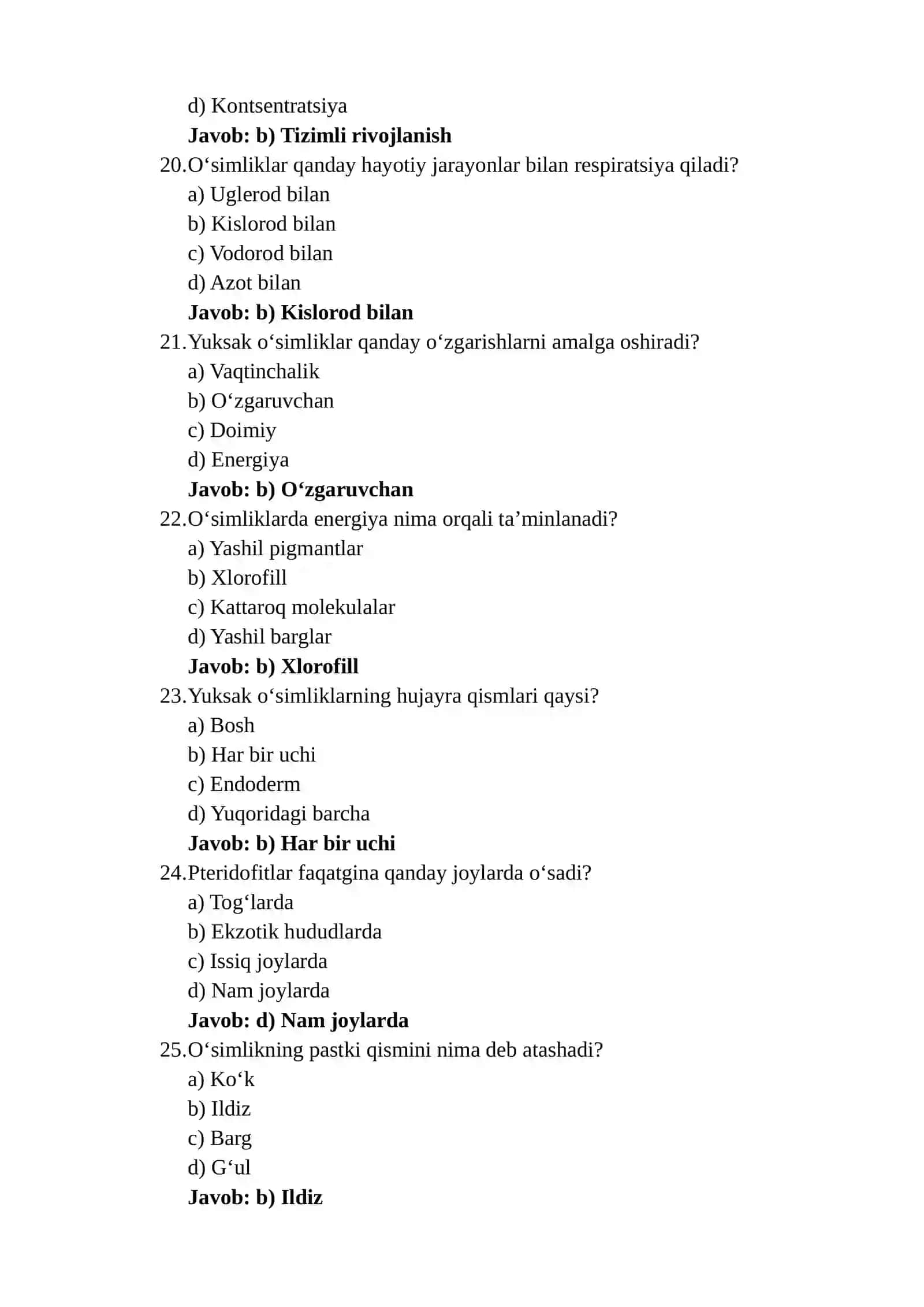Yuksak O'simliklar mavzusida 50 ta test 4