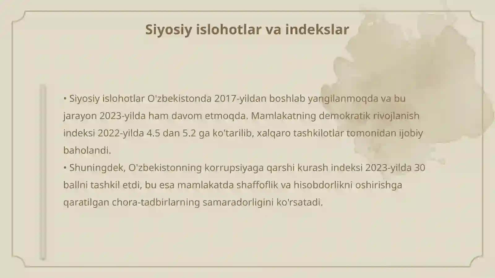 Yangi O'zbekistoning ijtimoiy siyosiy, iqtisodiy madaniy hayotida roy berayotgan o'zagarishlarning xalqaro reyting va indekslarda aks etishi 4