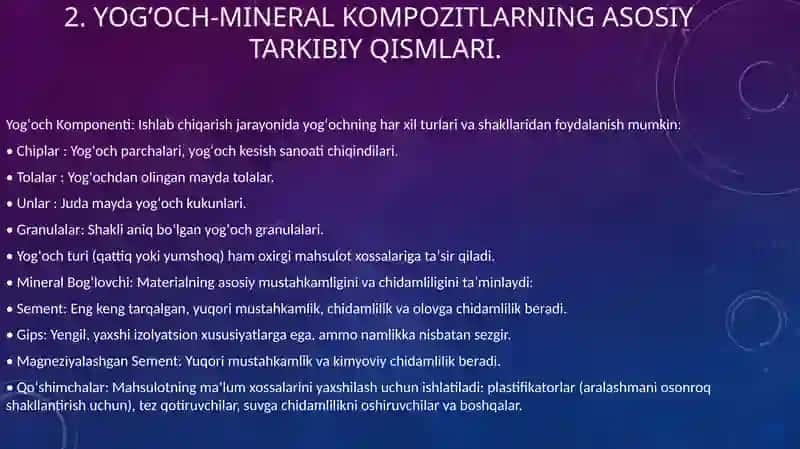 Yog‘och-mineral kompozitlar klassifikatsiyasi 4
