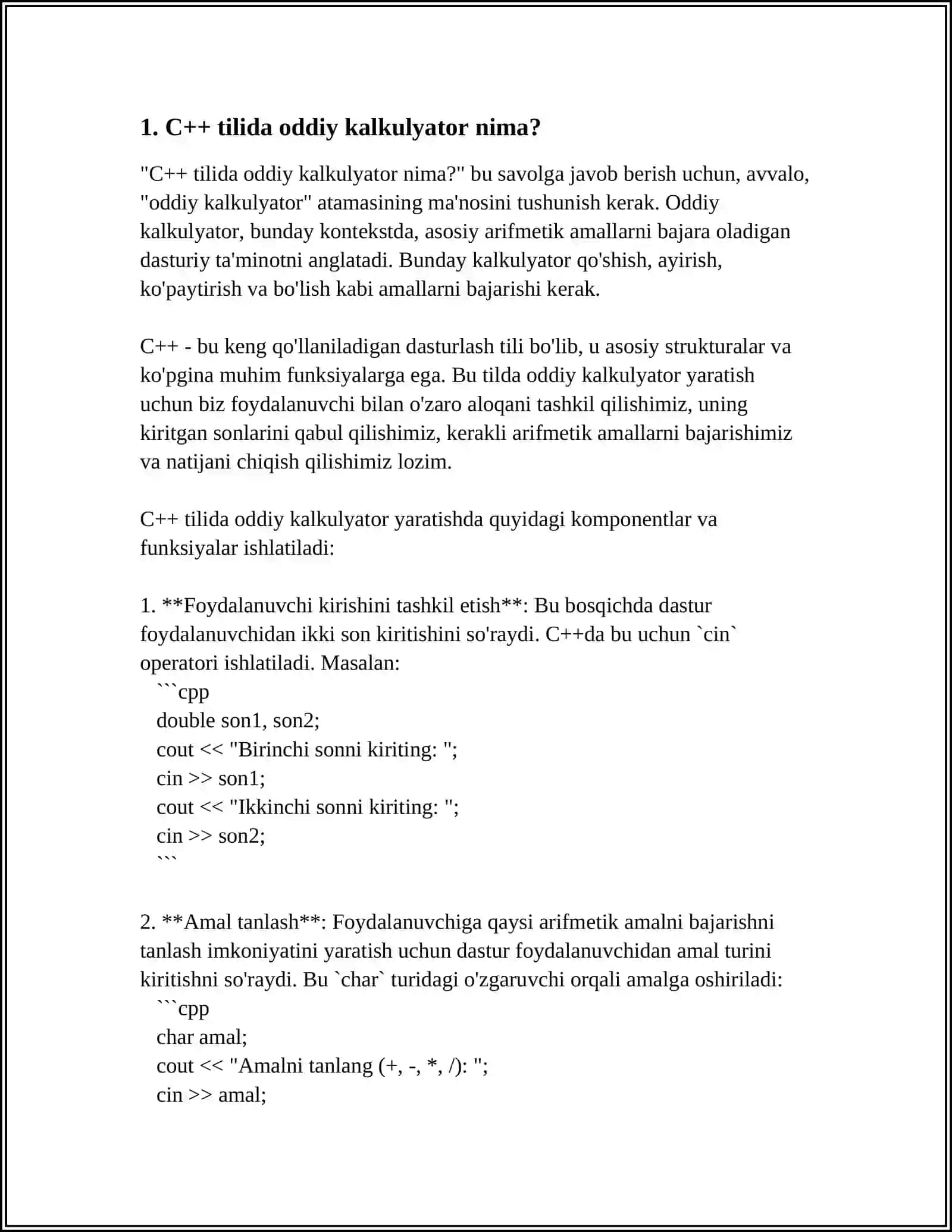 C++ TILIDA ODDIY KALKULYATOR UCHUN DASTUR YOZISH 4