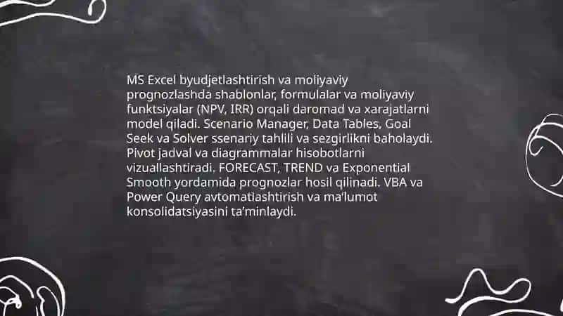 MS EXCEL DASTURI IMKONIYAT QULANILISH SOHALARI 4