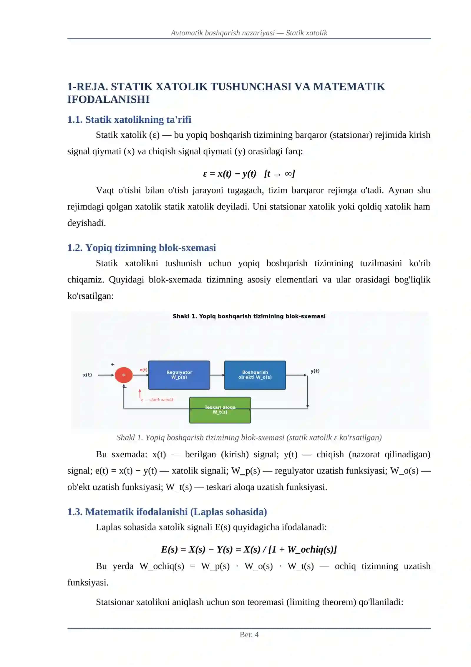 Statik xatolik. Aniqlash usuli va uni kamaytirish yo'llari 4