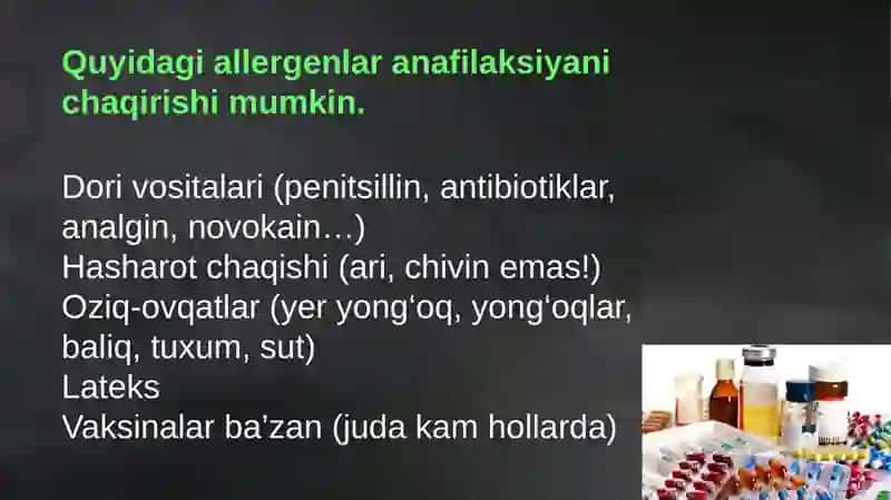 Anafilaktik shok,Kvinke shishi va Eshak yemi unda shoshilinchi yordam 4