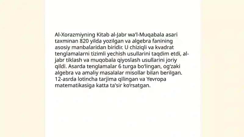 Al-Xorazmiy va al-jabr: algebra asoslari 4