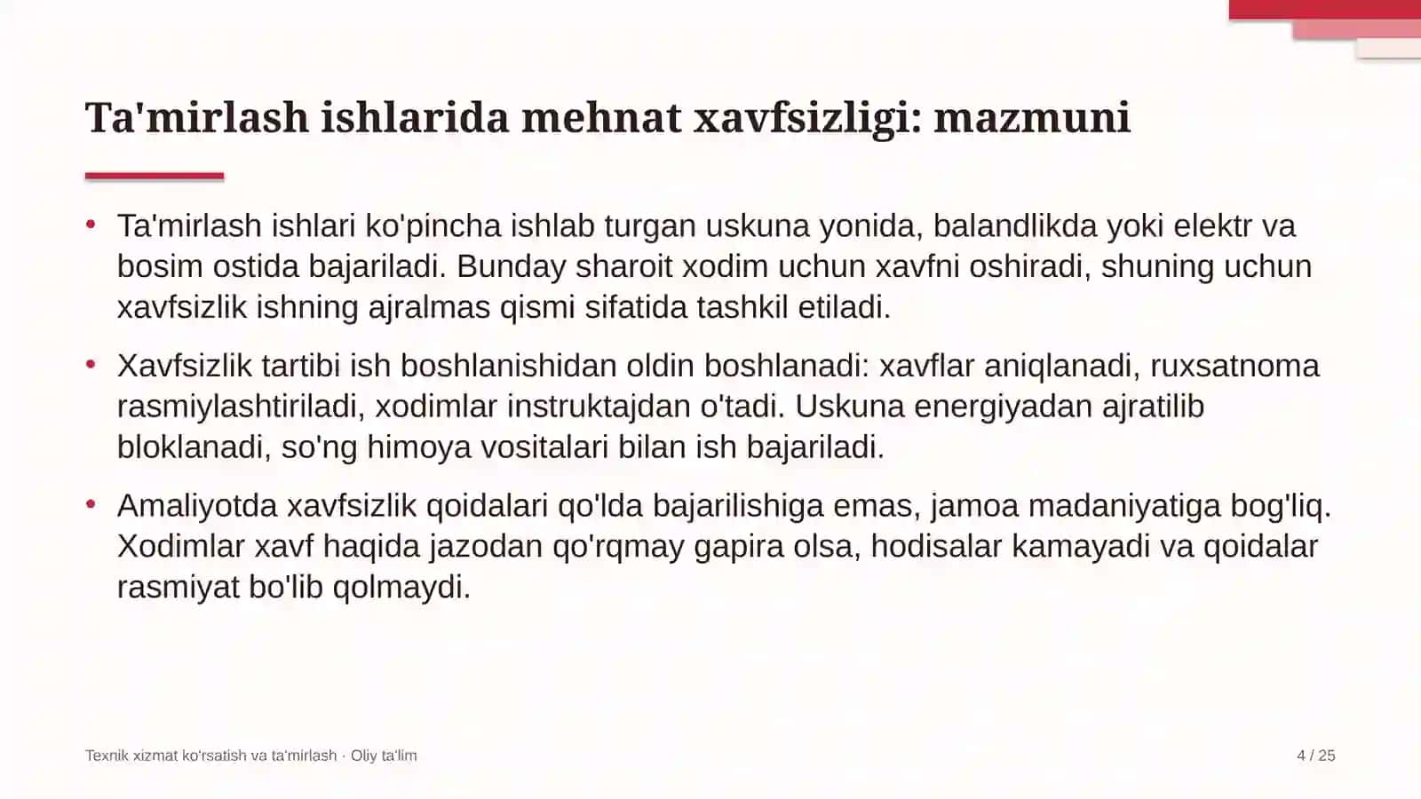 Loyiha institutlarida ta'mirlash ishlarida mehnat xavfsizligini ta'minlash 4