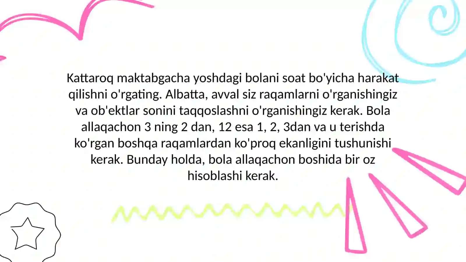BOLALARNI VAQTINI CHAMALASHGA O’RGATISH VAZIFALARI 4