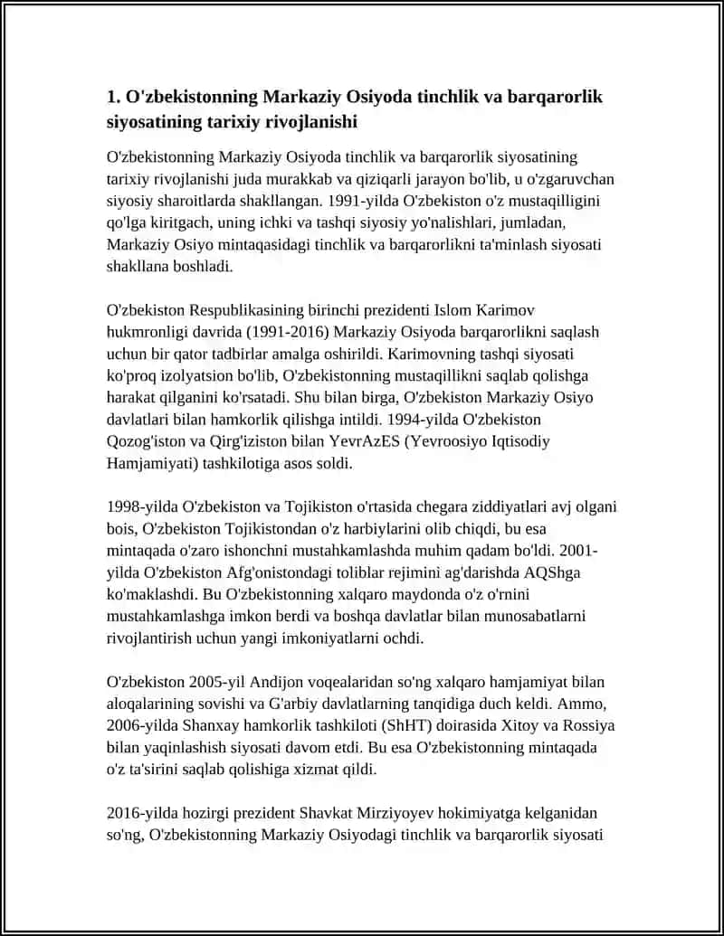 REFERAT O'zbekistonning Markaziy Osiyoda tinchlik va barqarorlikni taminlashdagi o'rni mavzusida refarat tayyorlash 4