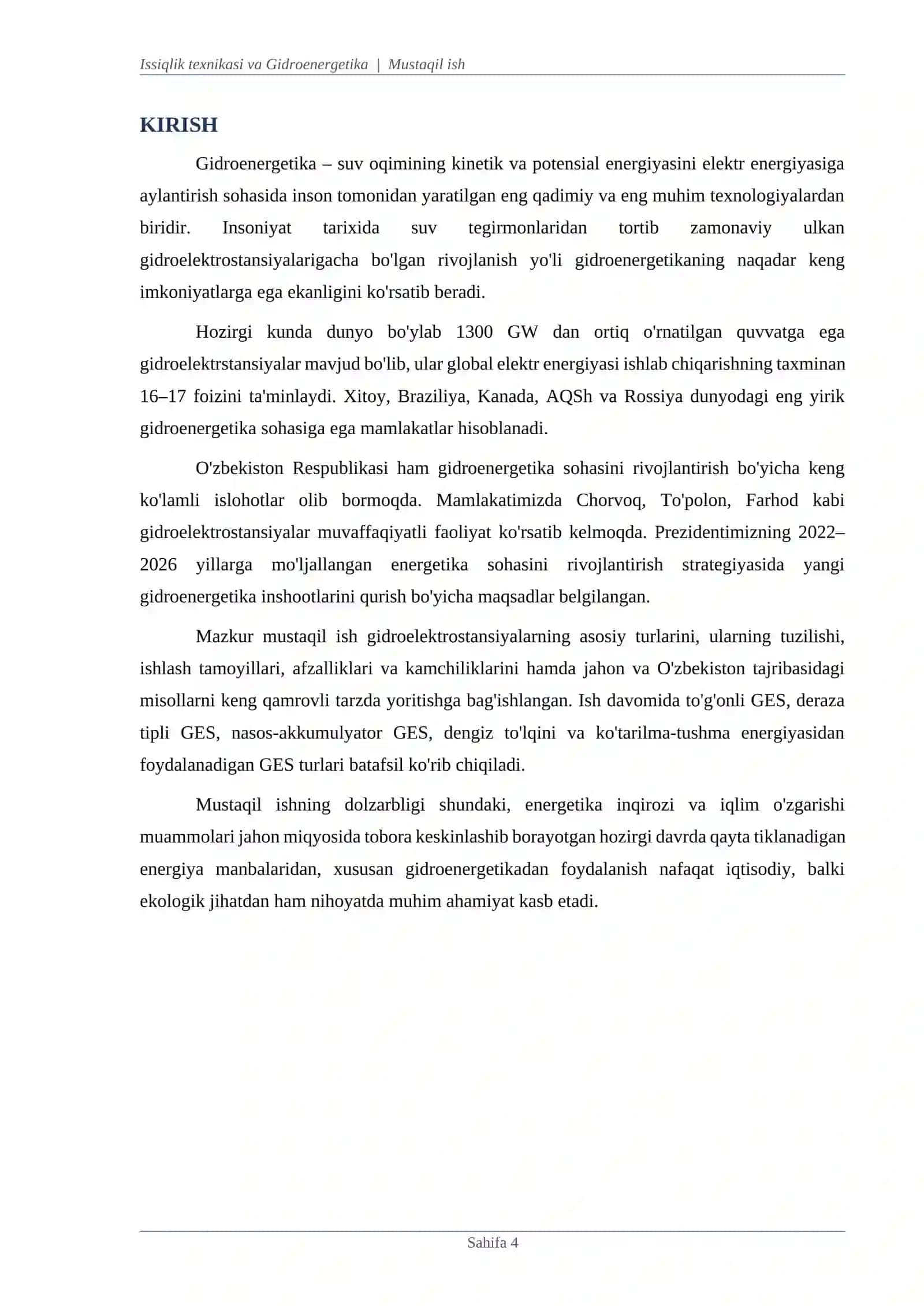 "Gidroelektrostansiyalar asosiy turlari" mustaqil ish 4