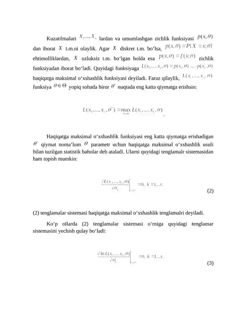 Noma’lum parametrlarni baholash usullari momentlar va eng katta 4