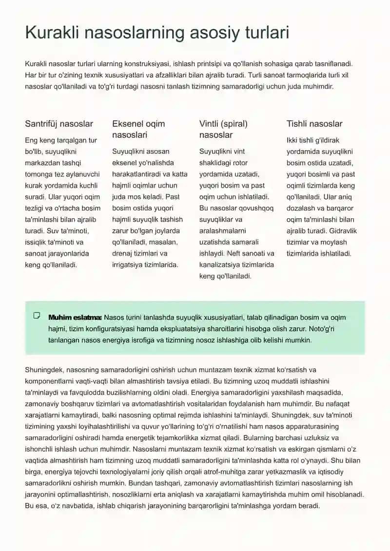 Tezyurarlik koeffisienti va kurakli nasoslarning turlari 4