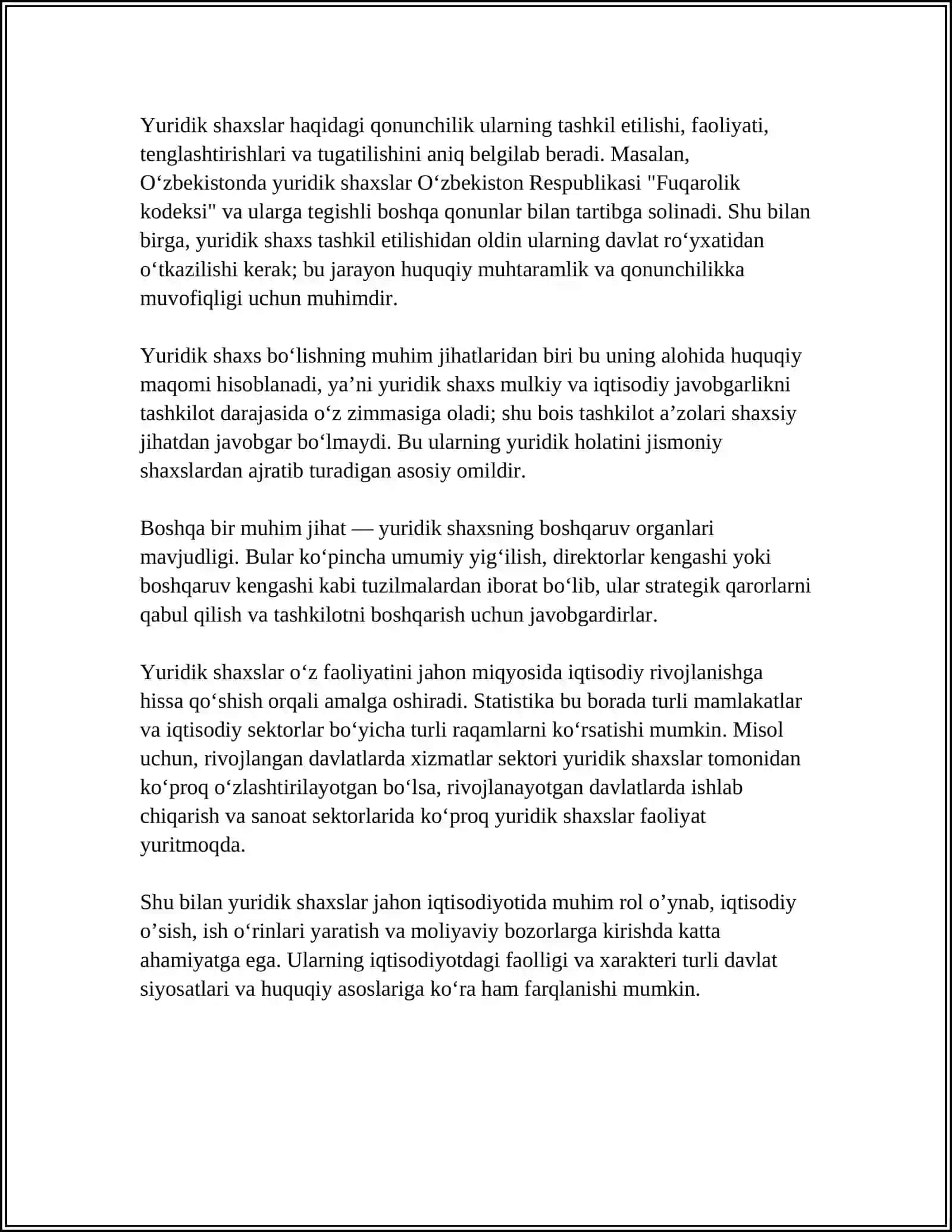 MUSTAQIL ISH Mavzu: YURIDIK SHAXSLAR TUSHUNCHASI VA BELGILARI 4