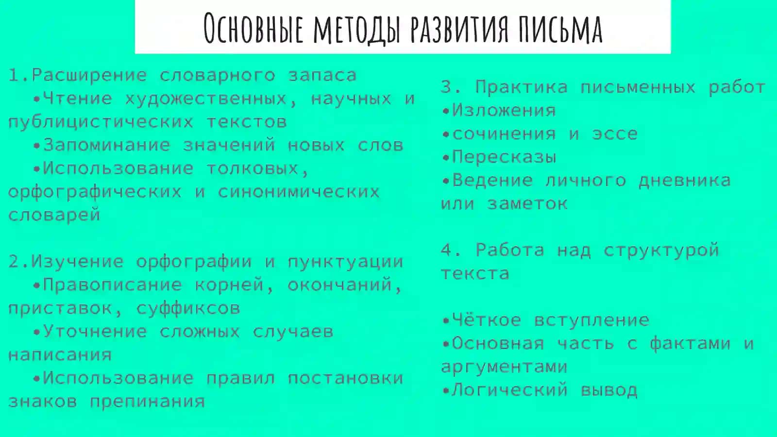 Основные направления совершенствования навыков грамотного письма, чтения и говорения 4