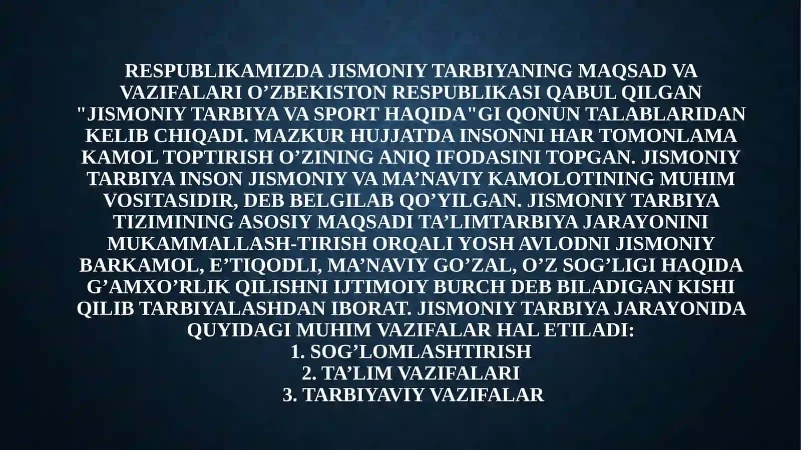 Umumiy jismoniy sifatlarni rivojlantirish mashqlarini majmuolarini tuzish ularni muhokamaga topshirish 4