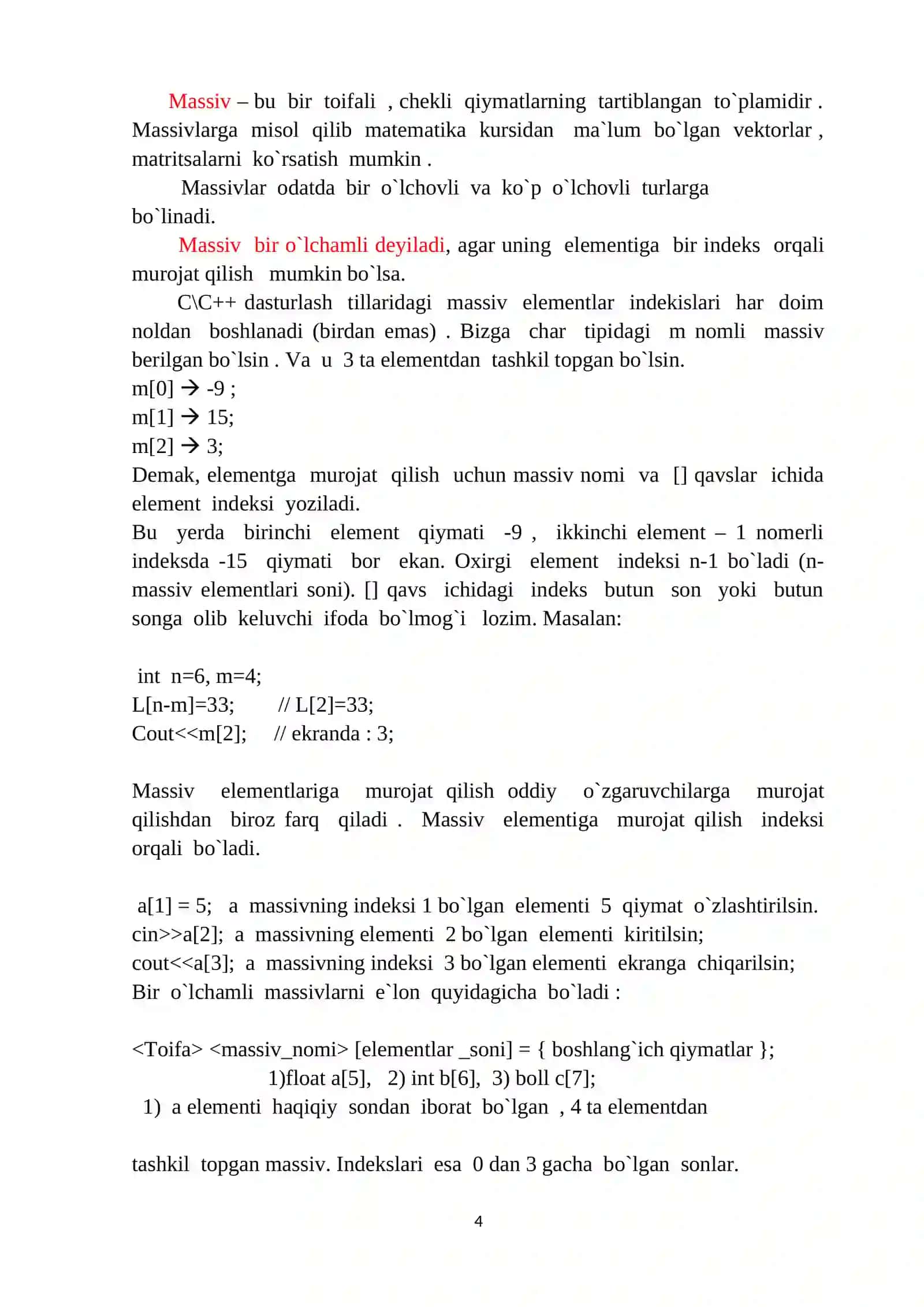 C++ DA BIR O‘LCHOVLI IKKI O‘LCHOVLI VA DINAMIK MASSIVLAR 4
