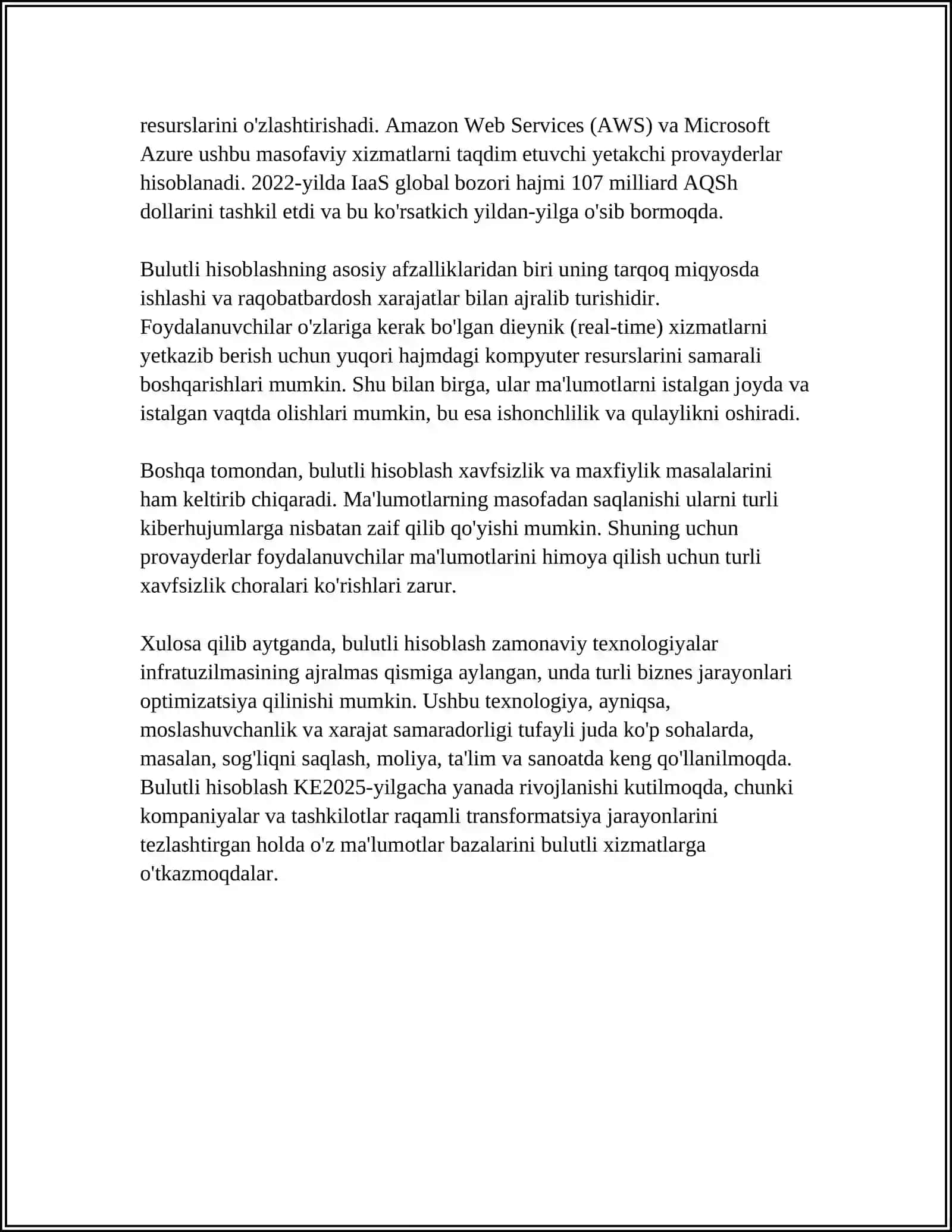 MUSTAQIL ISH Mavzu: BULUTLI TEXNOLOGIYALAR 4