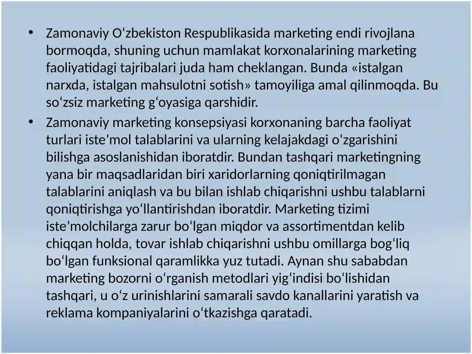 O`zbekiston korxonalarida marketingning o`ziga xos xususiyatlari 4