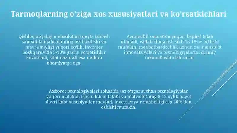 Sanoatning tarmoqlar va tarkibi va o‘ziga xos xususiyatlarini o‘rganish 4