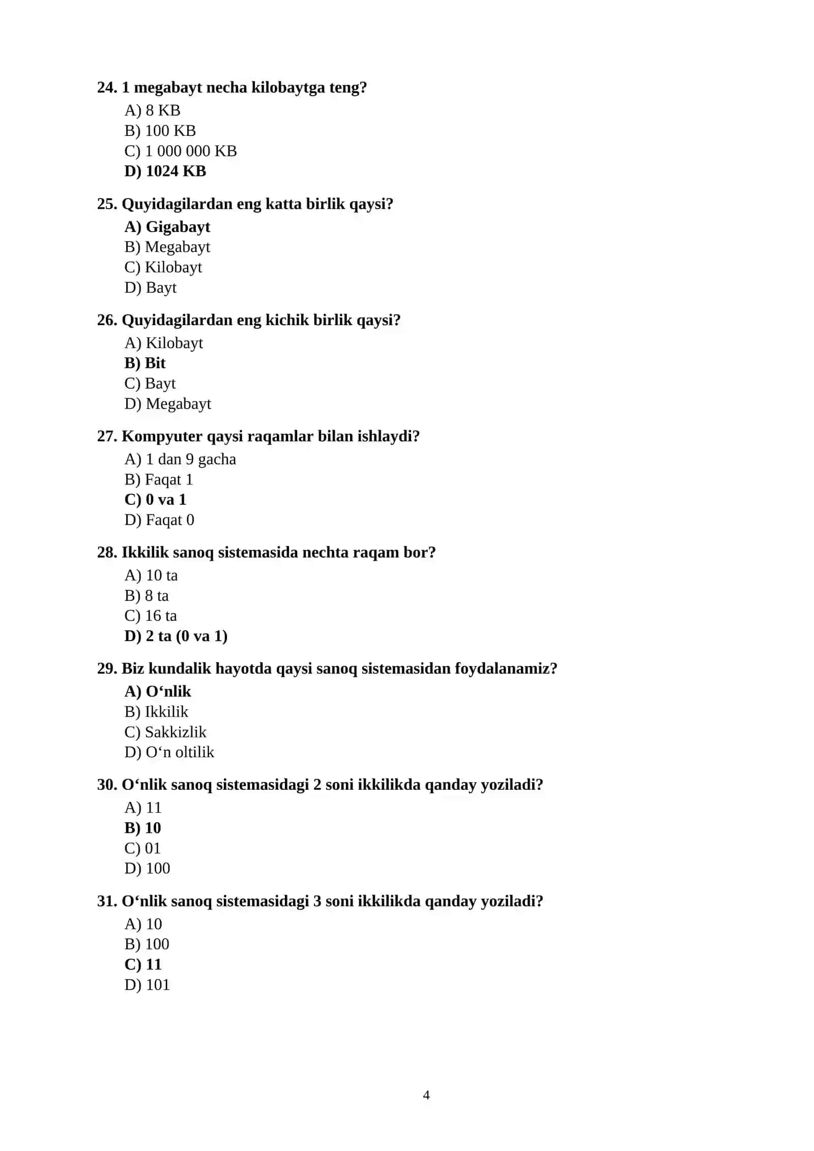 INFORMATIKA FANIDAN 100 TA TEST SAVOLLARI JAVOBLARI BILAN 4