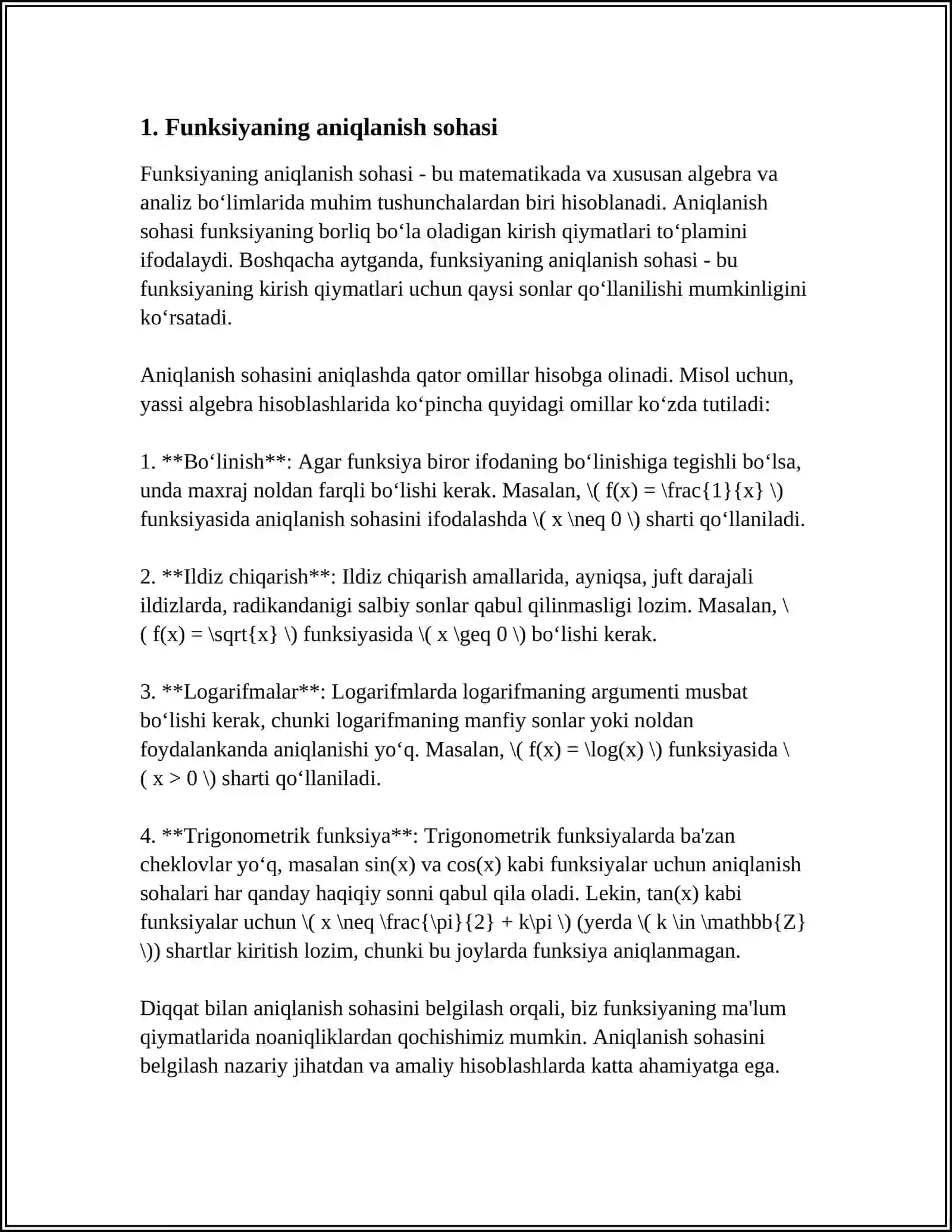 Funksiyaning Aniqlanish Sohasi va Qiymatlar Sohasi 4