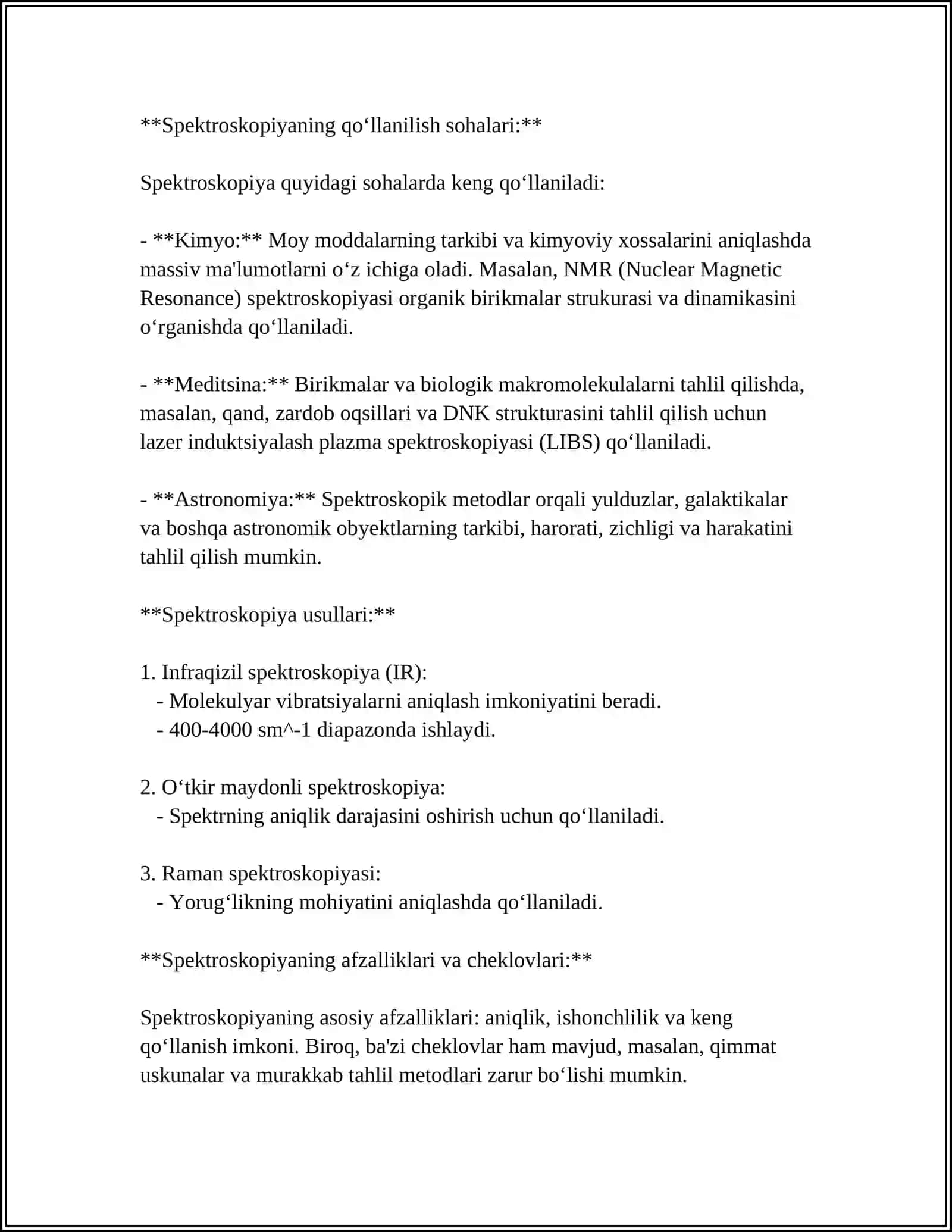 PMR SPEKTRASKOPIYA PARAMETRLARI. SPEKTRLARNI SODDALASHTIRISH USULLARI. DAN REFERAT 4